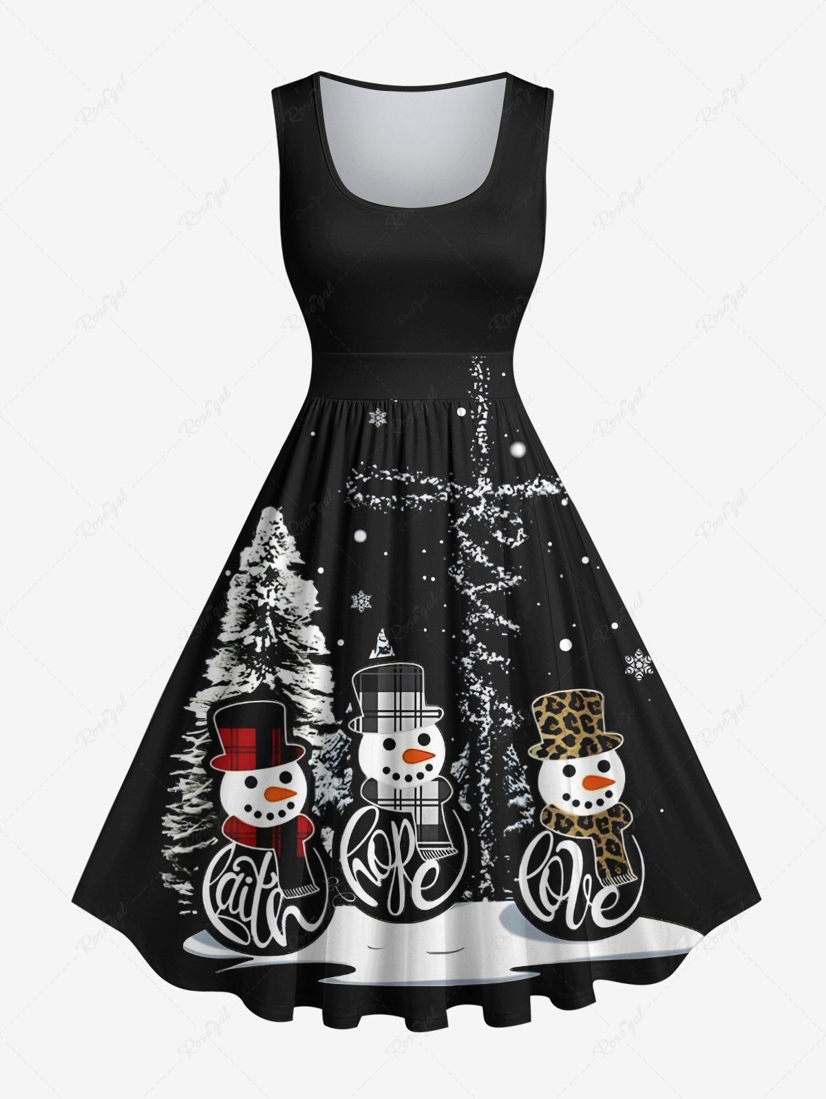 Hot Plus Size Christmas Tree Snowman Snowflake Cross Print 1950s Vintage Dress  