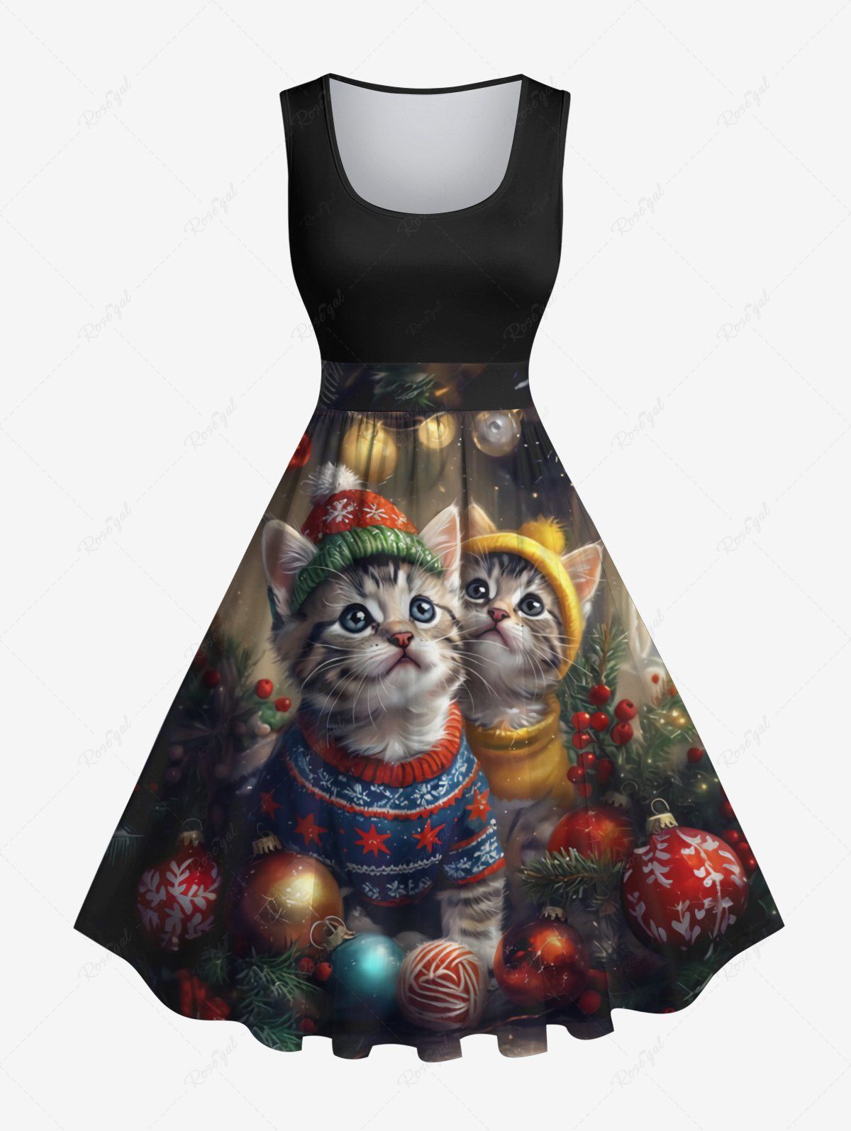 Store Plus Size Christmas Ball Light Cats Print 1950s Vintage Dress  