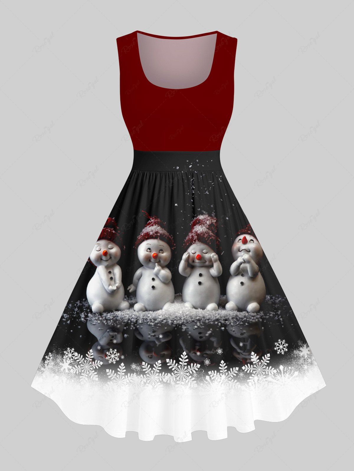Robe Vintage Bonhomme de Neige Flocon de Neige et Neige Imprimés en Blocs de Couleurs de Grande Taille Rouge M