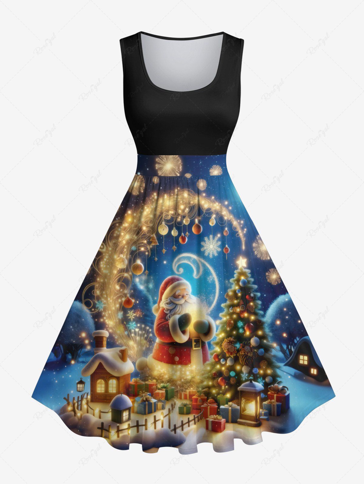 Robe Vintage Père Noël Sapin de Noël et Feu D'Artificiel Imprimés Grande Taille à Paillettes Noir 2X