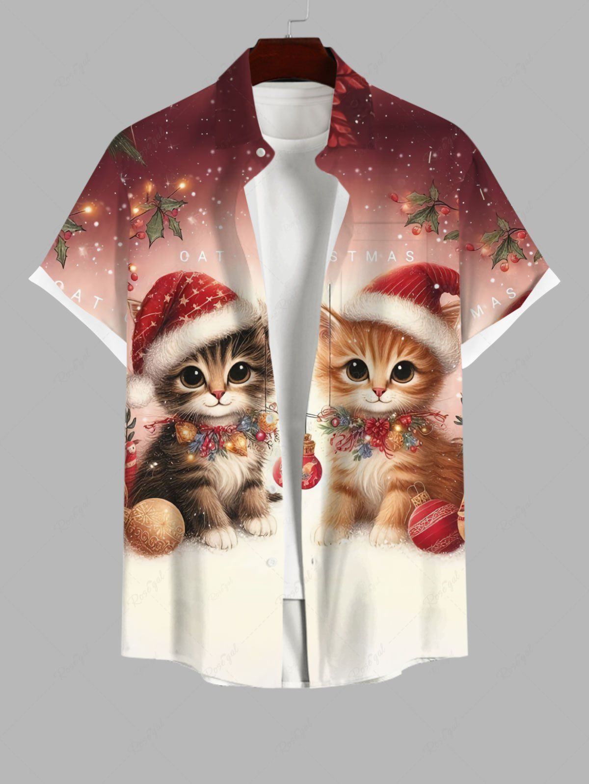 Best Plus Size Christmas Ball Light Cats Ombre Glitter 3D Print Buttons Pocket Shirt For Men  
