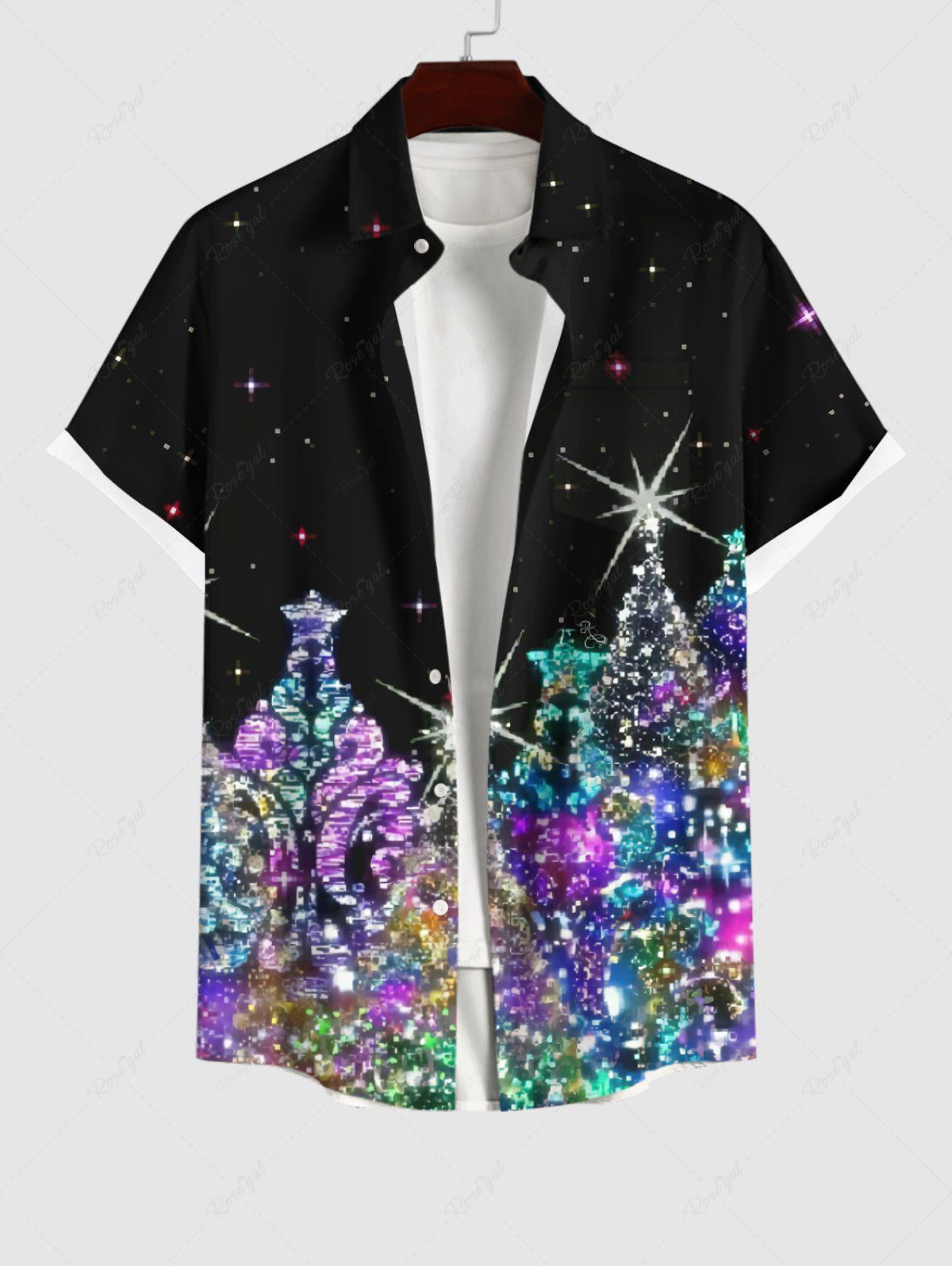 Chemise 3D Etoile Sapin de Noël Imprimés Grande Taille avec Poche à Paillettes Noir 4XL
