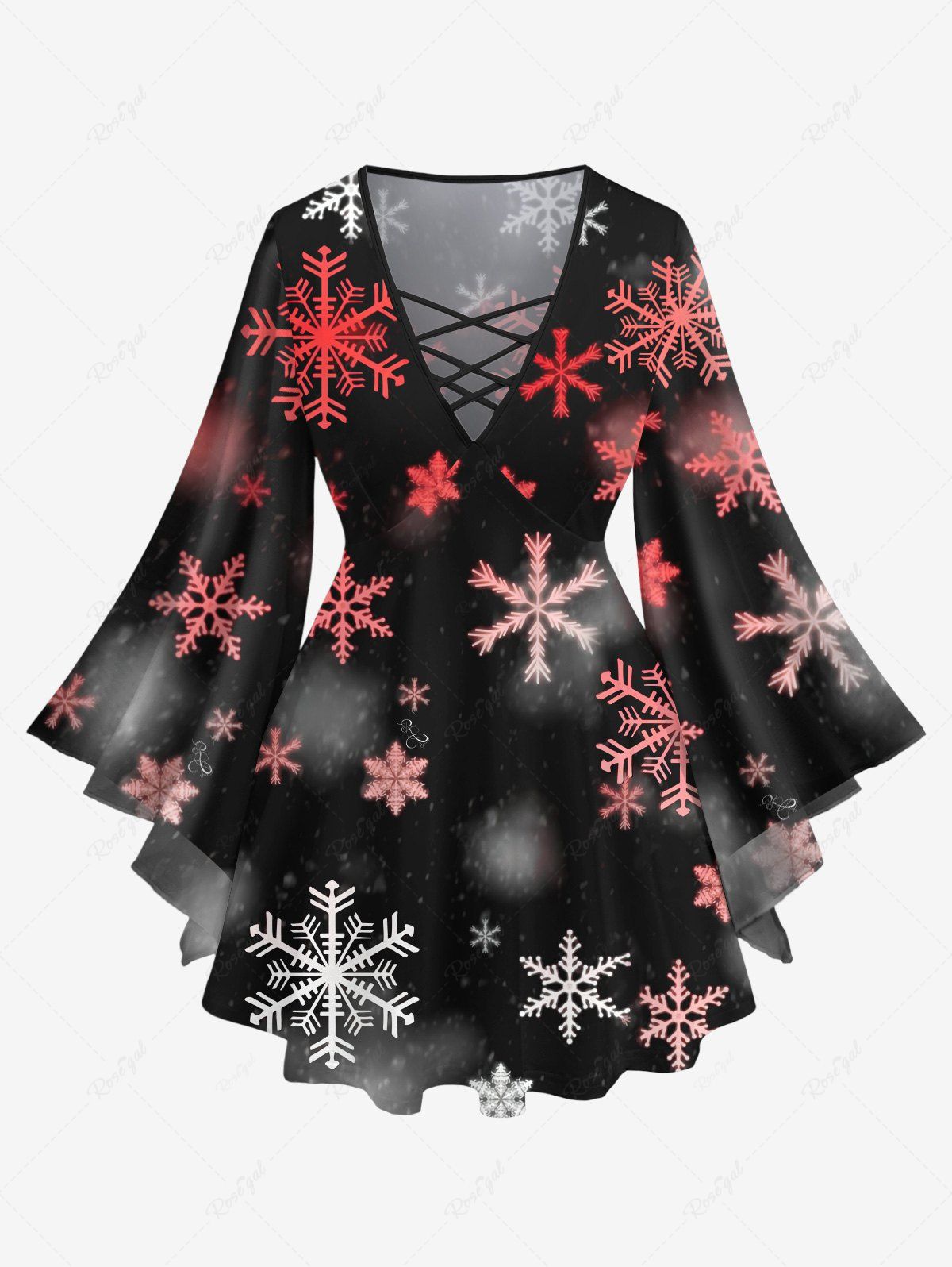 Hot Plus Size Christmas Snowflake Ombre Print Lattice Crisscross Flare Sleeve T-shirt  