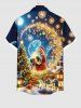 Plus Size Christmas Tree Santa Claus Fireworks Snowflake Moon Gift Box Glitter 3D Print Buttons Pocket Shirt For Men -  