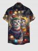 Chemise Imprimé Chats Lumière et Boules de Noël avec Boutons Grande Taille pour Hommes - Noir 2XL