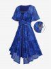 Plus Size Flowers Print Ruched Mesh Buckle Panel Braided Waist Pocket Dress -  