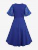 Plus Size Flowers Print Ruched Mesh Buckle Panel Braided Waist Pocket Dress -  