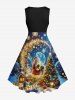 Robe Vintage Père Noël Sapin de Noël et Feu D'Artificiel Imprimés Grande Taille à Paillettes - Noir 2X