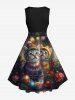 Plus Size Christmas Ball Light Cats Print 1950s Vintage Dress -  