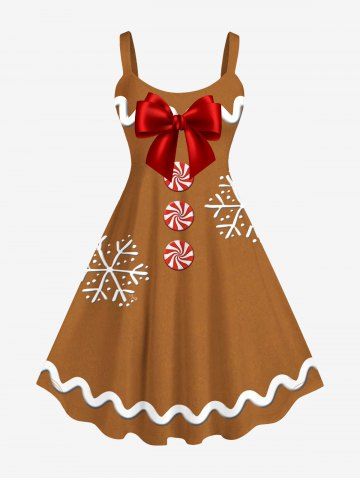 Plus Size Christmas Snowflake Candy Button Bowknot Print A Line Tank Dress - COFFEE - XS