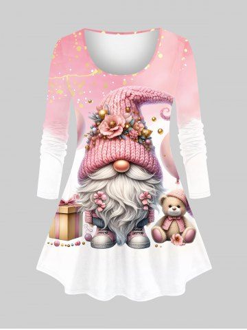 Plus Size Christmas Dwarf Floral Hat Bear Balloon Print Ombre Long Sleeves T-shirt - LIGHT PINK - M