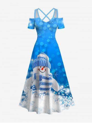 Plus Size Christmas Snowman Hat Scarf Snowflake Glitter 3D Print Cold Shoulder Crisscross Maxi Dress - BLUE - 2X