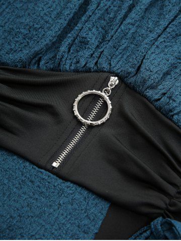 Plus Size Zipper O-ring Waist Cinched Pocket Ruched Textured Asymmetrical Dress