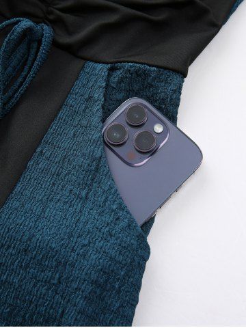 Plus Size Zipper O-ring Waist Cinched Pocket Ruched Textured Asymmetrical Dress