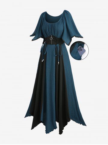 Plus Size Zipper O-ring Waist Cinched Pocket Ruched Textured Asymmetrical Dress