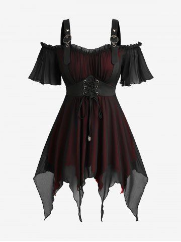 Plus Size Ruffles Grommets Lace Up Mesh Asymmetrical Buckle Cold Shoulder Blouse