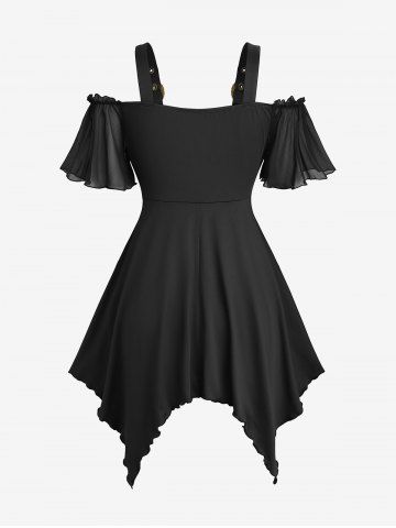 Plus Size Ruffles Grommets Lace Up Mesh Asymmetrical Buckle Cold Shoulder Blouse