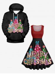 Glitter Christmas Tree Light Letters Bowknot Print Plus Size Matching Set For Couples -  