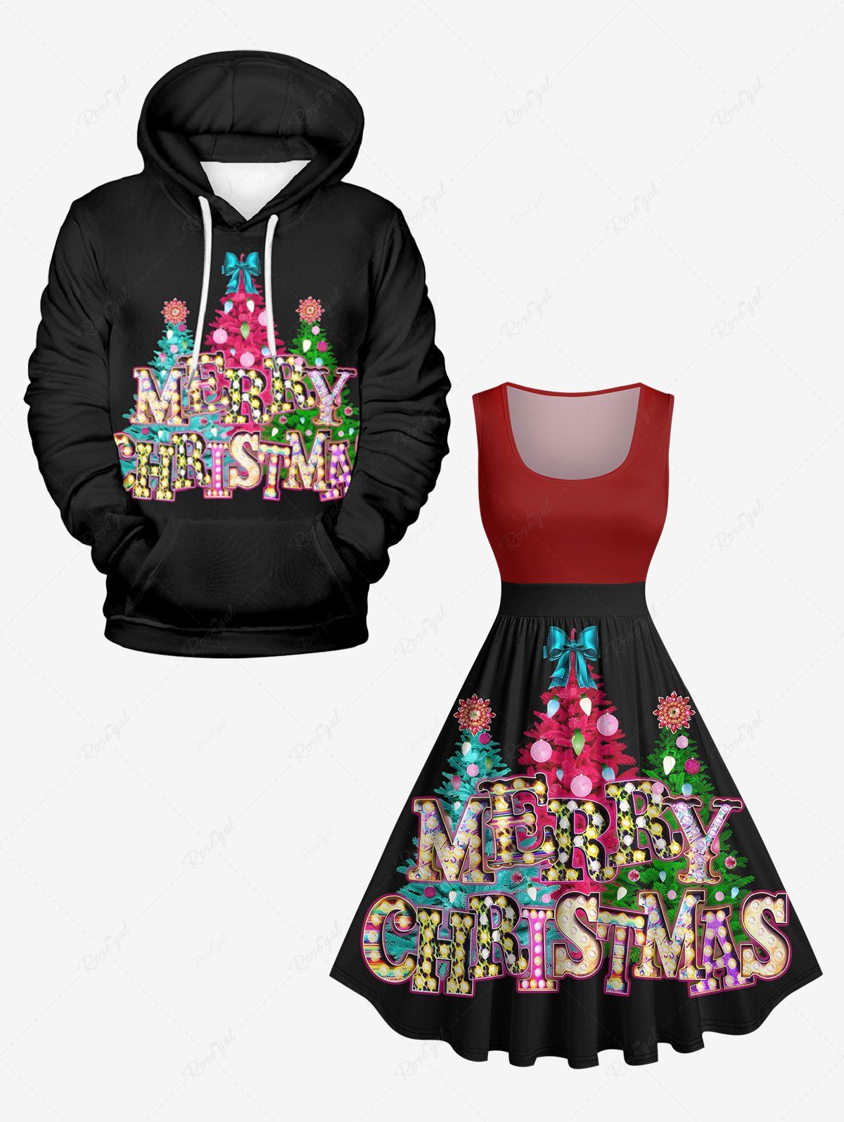 Outfit Glitter Christmas Tree Light Letters Bowknot Print Plus Size Matching Set For Couples  