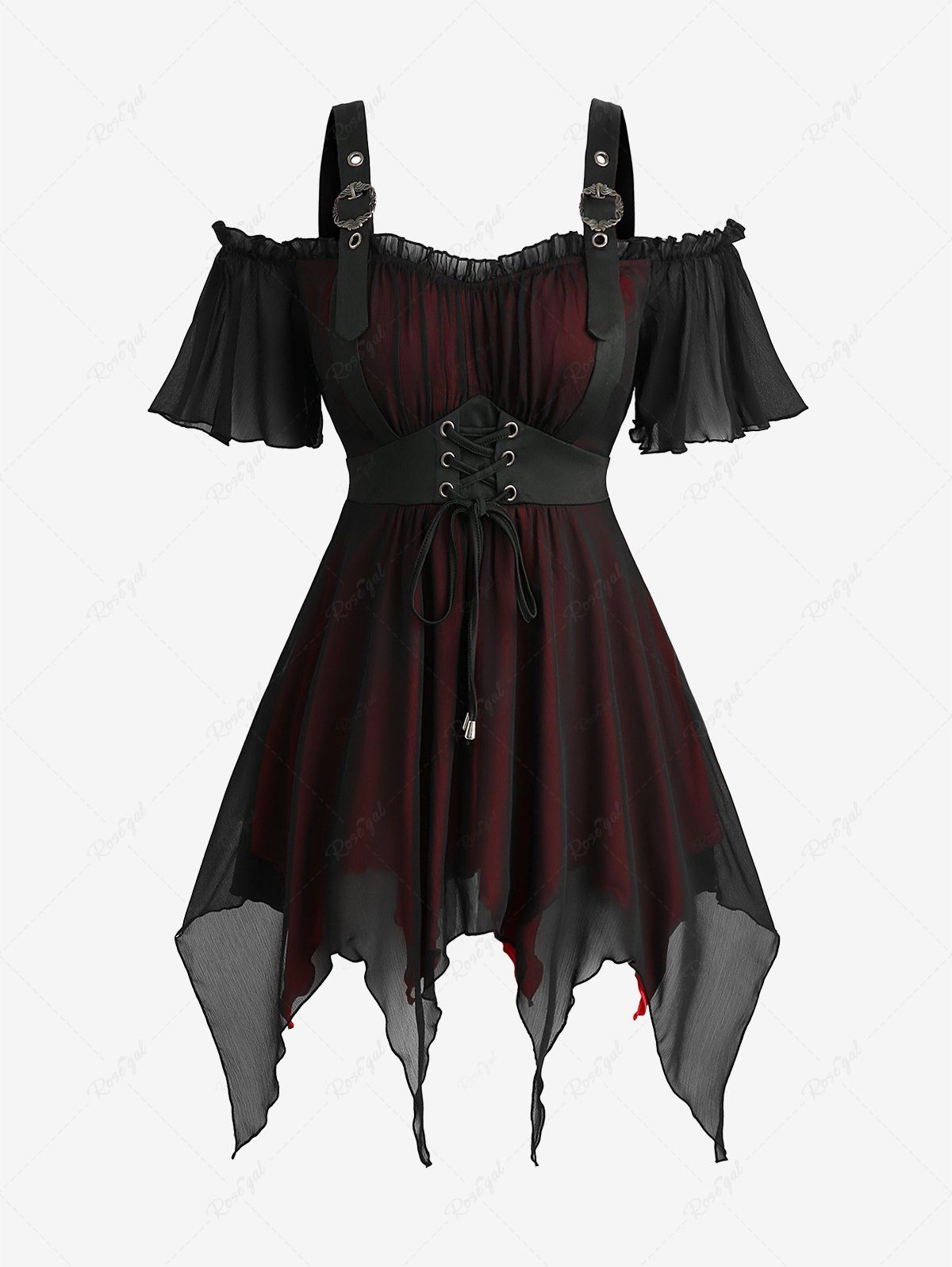 Cheap Plus Size Ruffles Grommets Lace Up Mesh Asymmetrical Buckle Cold Shoulder Blouse  