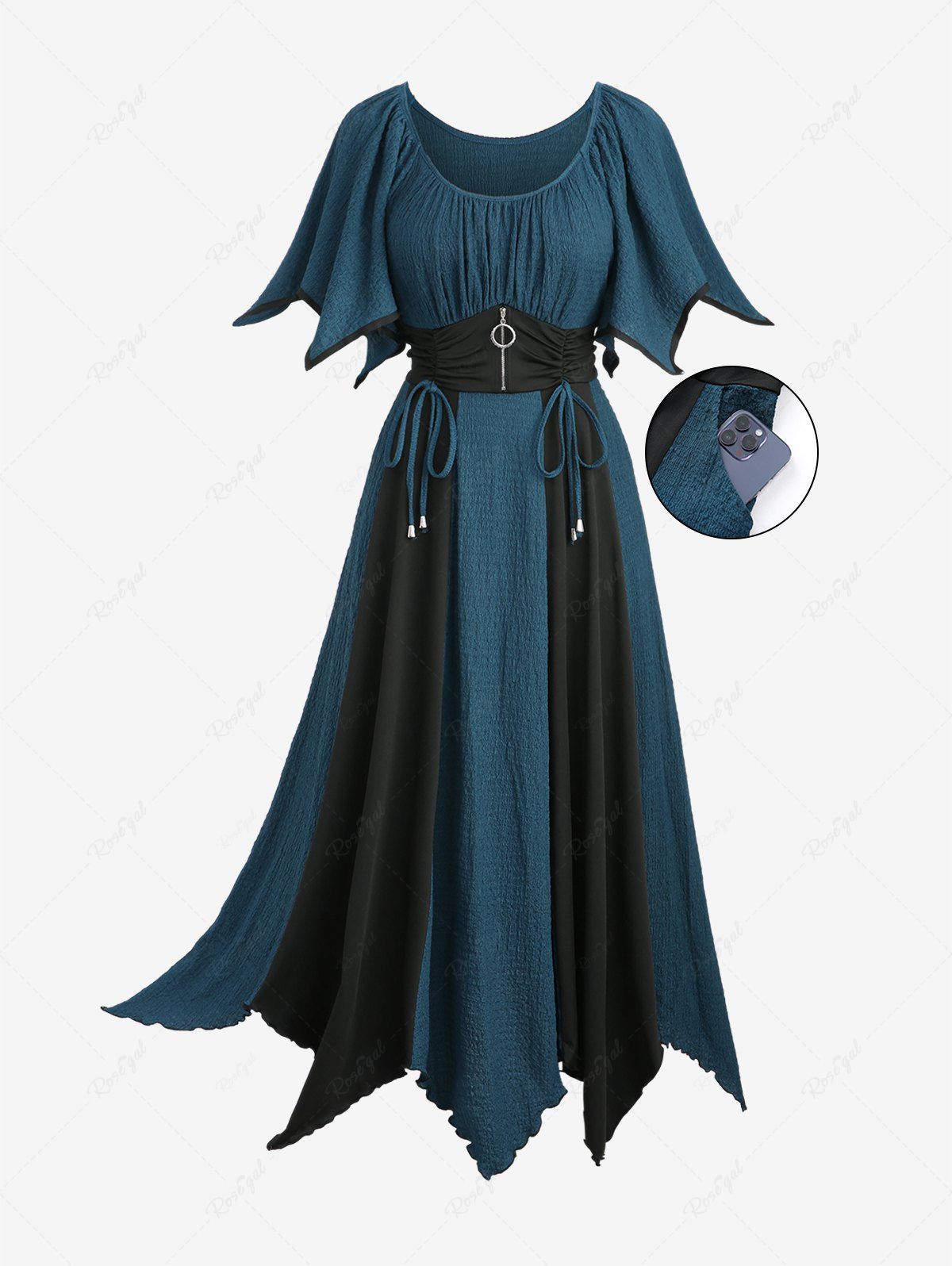 Robe Asymétrique Texturée Zip Bague en O avec Poche de Grande Taille à Volants Vert profond 4X | US 26-28