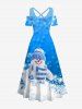 Maxi Robe de Noël Croisée Bonhomme de Neige et Chapeau Imprimés à Epaule Dénudée de Grande Taille à Paillettes - Bleu 4X