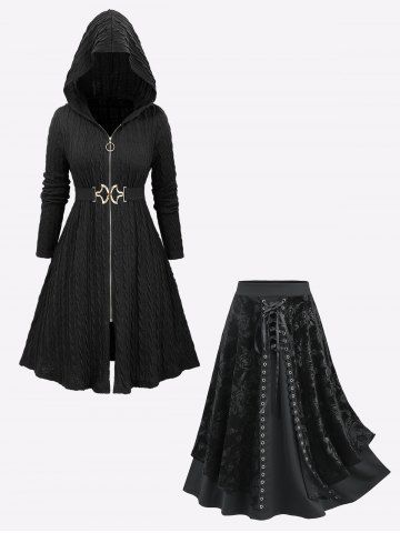 Full Zipper Cable Knit Textured Solid Hooded Sweater Coat and Flower Rose Embossed Skirt Plus Size Outfit - BLACK