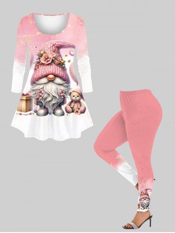 Christmas Dwarf Floral Hat Bear Balloon Printed Ombre T-shirt and Leggings Plus Size Matching Set - LIGHT PINK