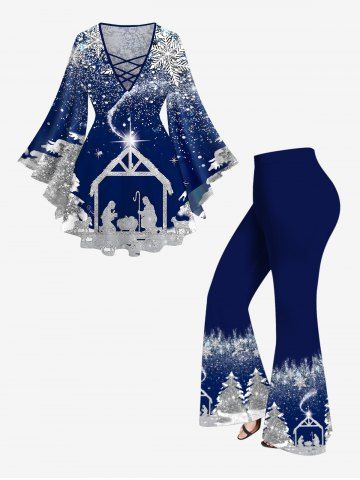 Christmas Tree Snowflake Painting Splatter Glitter Stars Print Lattice T-shirt and Flare Pants Plus Size Matching Set - BLUE GRAY