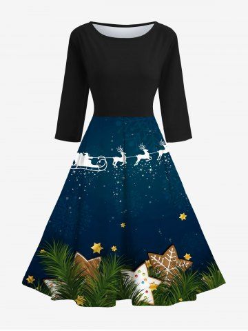 Christmas Elk Glitter Galaxy Snowflake Star Grass Print Midi 50's Vintage Dress - BLACK - S