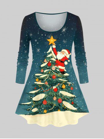 Plus Size Christmas Tree Ball Santa Claus Glitter Ombre Galaxy Print Long Sleeves T-shirt - GREEN - 1X