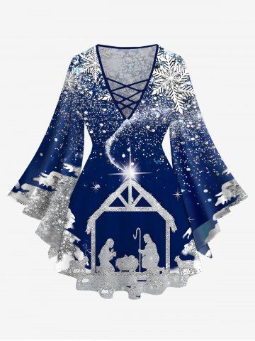 Plus Size Christmas Tree Snowflake Painting Splatter Glitter Stars House Print Lattice T-shirt - BLUE GRAY - 1X