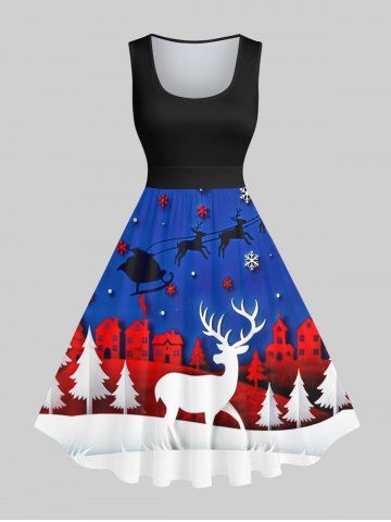 Plus Size Christmas Elk Snowflake Santa Claus House Print Vintage Swing A Line Dress - MULTI-D - XS