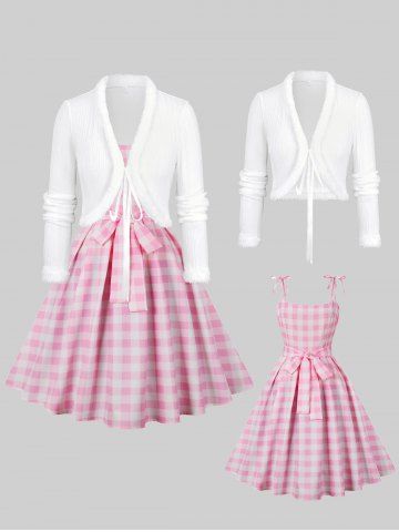 Fluffy Trim Cropped Textured Cardigan and Plaid Print Bowknot Vintage Dress Plus Size Outfit - LIGHT PINK