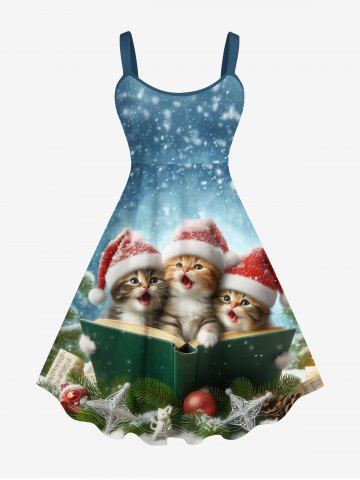 Plus Size Christmas Hat Cats Snowflake Book Cross Ball Ombre Print Tank Dress - MULTI-A - XS