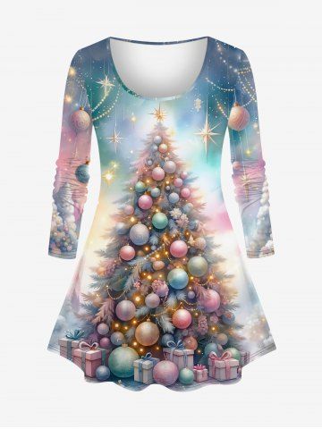 Plus Size Christmas Tree Ball Star Gift Box Tie Dye Print T-shirt - MULTI-A - 2X