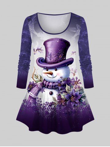 T-shirt Ombre Imprimé Bonhomme de Neige et Fleurs Grande Taille - PURPLE - 1X