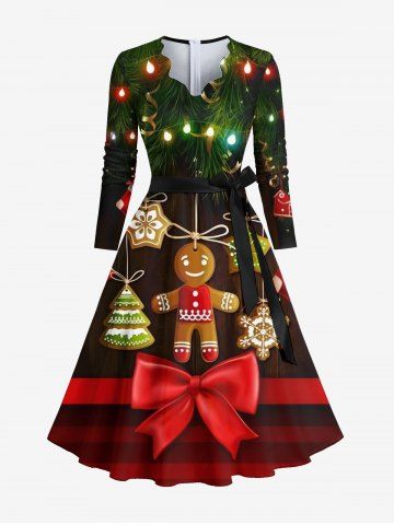 Plus Size Christmas Light Star Gingerbread Bowknot Print Scalloped V Neck Dress With A Belt - BLACK - M