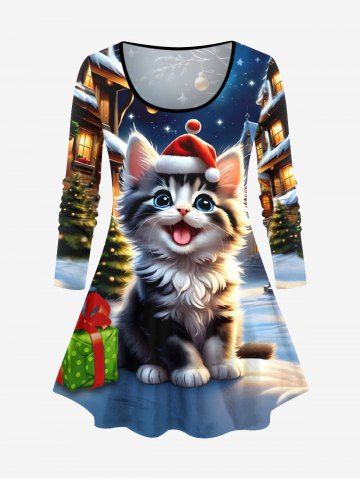 Plus Size Christmas Tree Gift Hat Ball Cat House Galaxy Print Long Sleeves T-shirt - MULTI-A - 1X