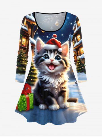 Plus Size Christmas Tree Gift Hat Ball Cat House Galaxy Print Long Sleeves T-shirt