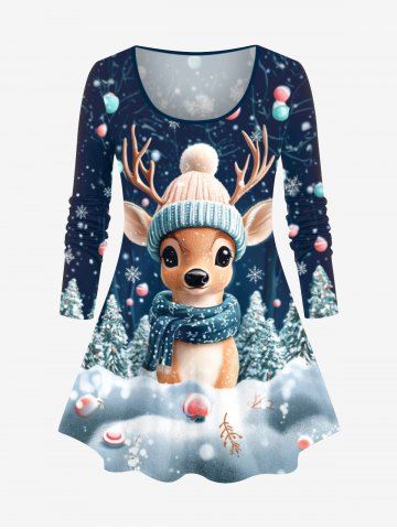 Plus Size Christmas Tree Elk Ball Snowflake Print Long Sleeves T-shirt - BLUE - M