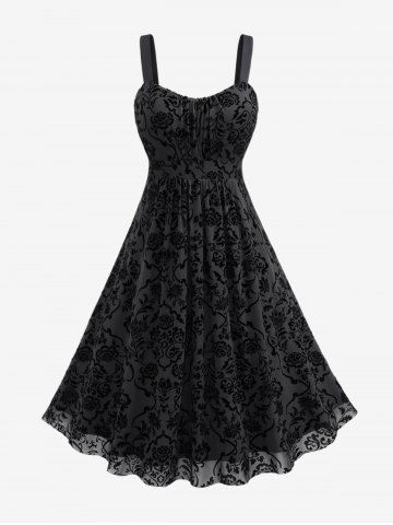 Robe Vintage Ligne A Superposée Fleur en Maille de Grande Taille à Volants - BLACK - L | US 12