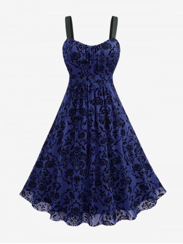 Plus Size Vintage Flower Layered Ruched Mesh A Line Dress - DEEP BLUE - 1X | US 14-16