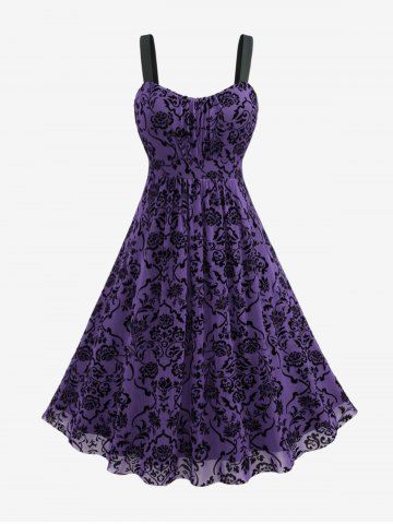 Plus Size Vintage Flower Layered Ruched Mesh A Line Dress - PURPLE - L | US 12