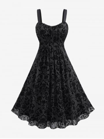 Plus Size Vintage Flower Layered Ruched Mesh A Line Dress - BLACK - M | US 10
