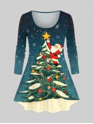 Plus Size Christmas Tree Ball Santa Claus Glitter Ombre Galaxy Print Long Sleeves T-shirt -  
