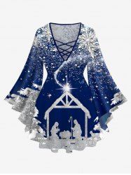 Plus Size Christmas Tree Snowflake Painting Splatter Glitter Stars House Print Lattice T-shirt -  