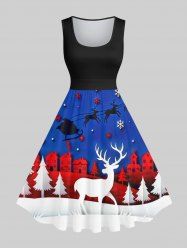 Plus Size Christmas Elk Snowflake Santa Claus House Print Vintage Swing A Line Dress -  