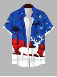 Chemise Imprimé Maison Élans Père Noël et Flocons de Neige Grande Taille avec Poche pour Homme - Bleu Ciel 2XL