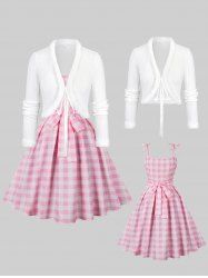 Fluffy Trim Cropped Textured Cardigan and Plaid Print Bowknot Vintage Dress Plus Size Outfit -  